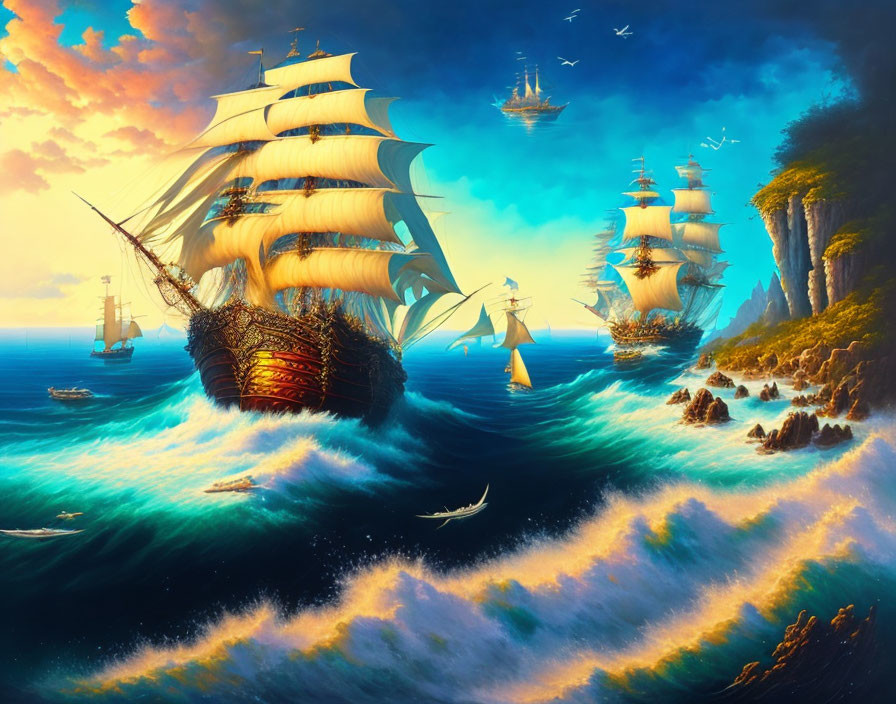 Majestic sailing ships on turbulent ocean waves with dynamic sky