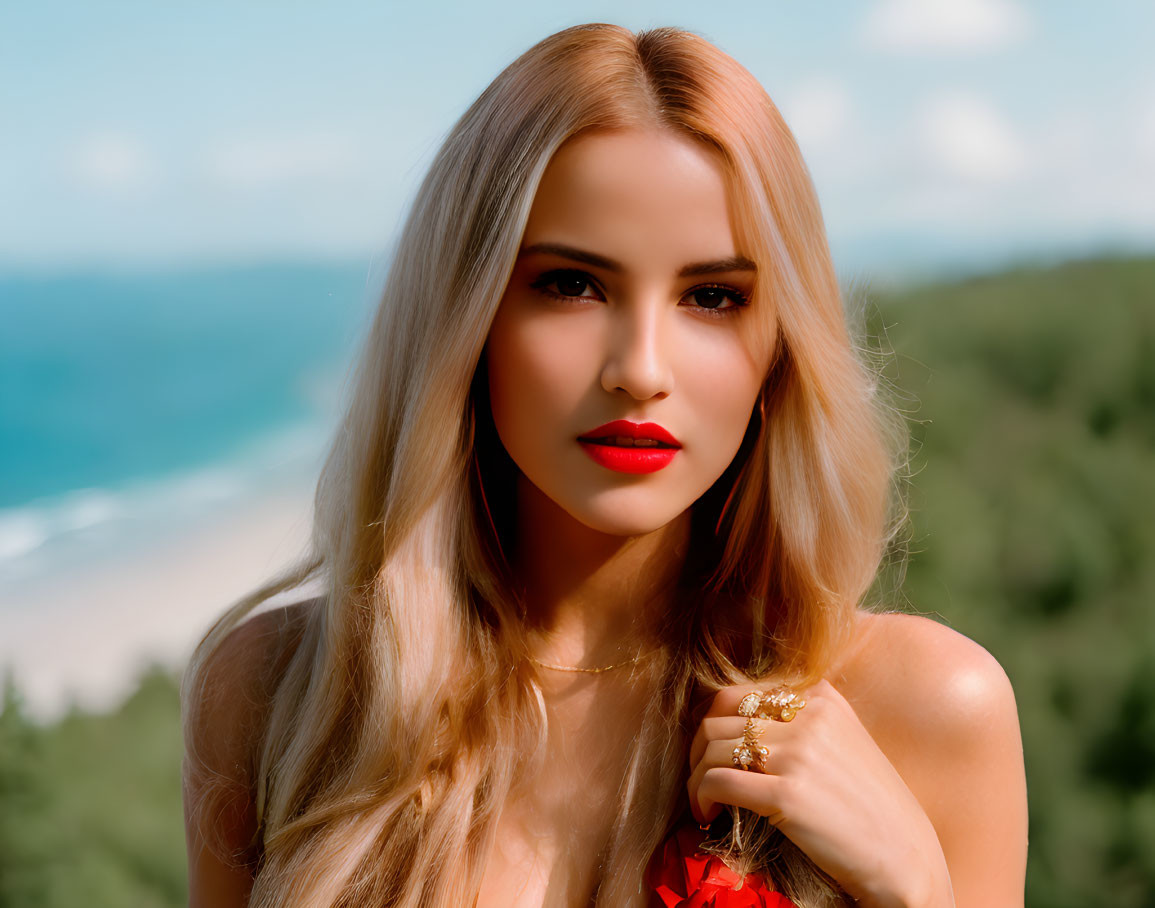 Blonde woman in red dress with gold rings in nature setting