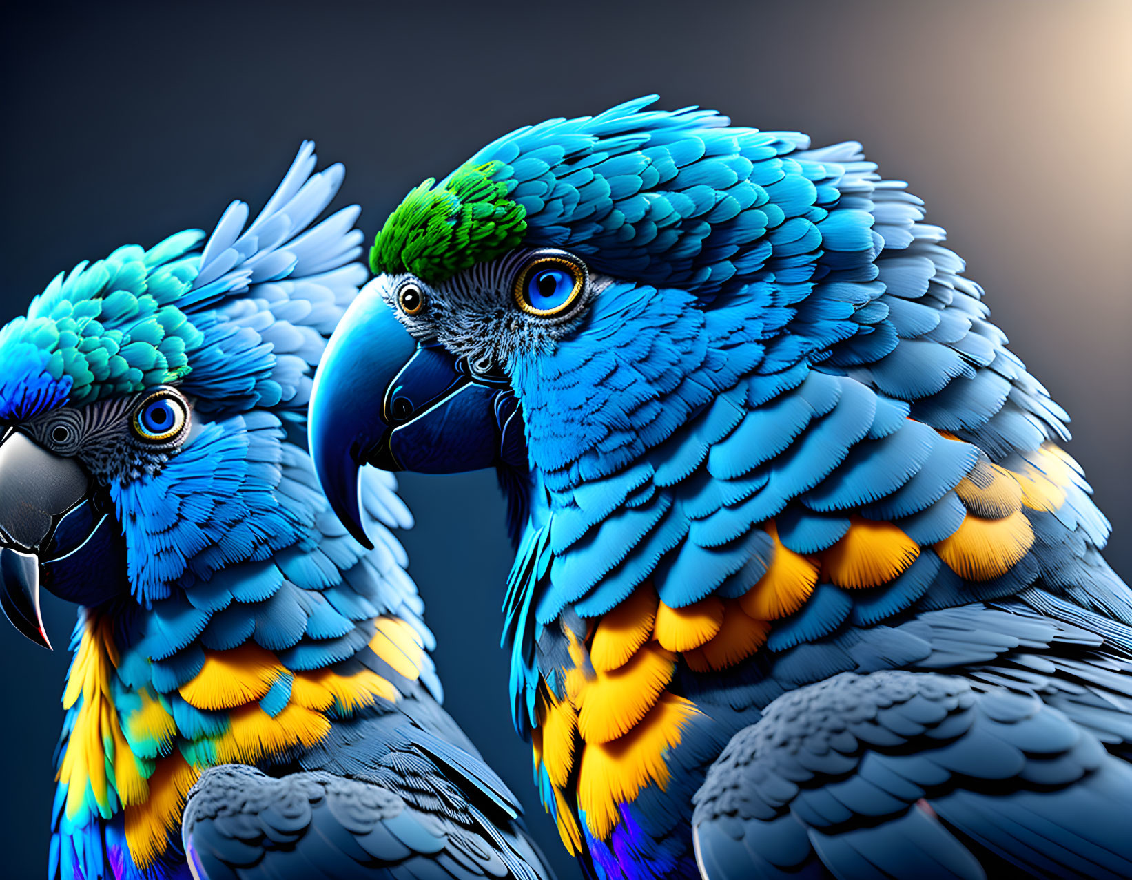 Vibrant blue and yellow macaws with detailed feathers in focus.