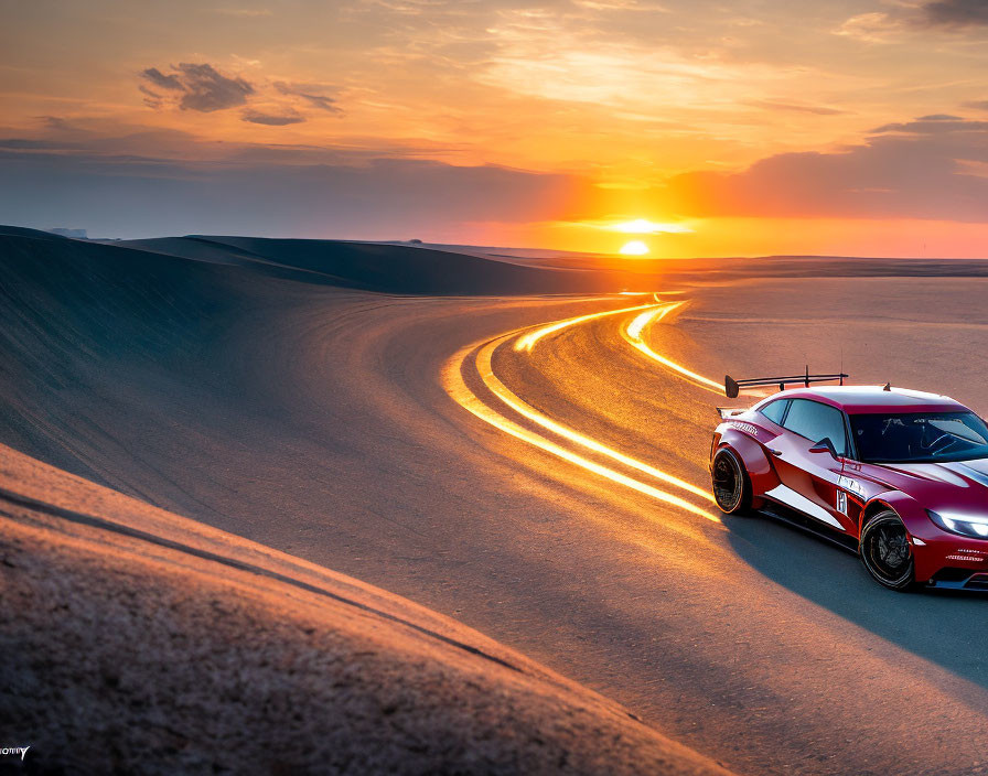 Red sports car parked on winding road amidst rolling hills at sunset