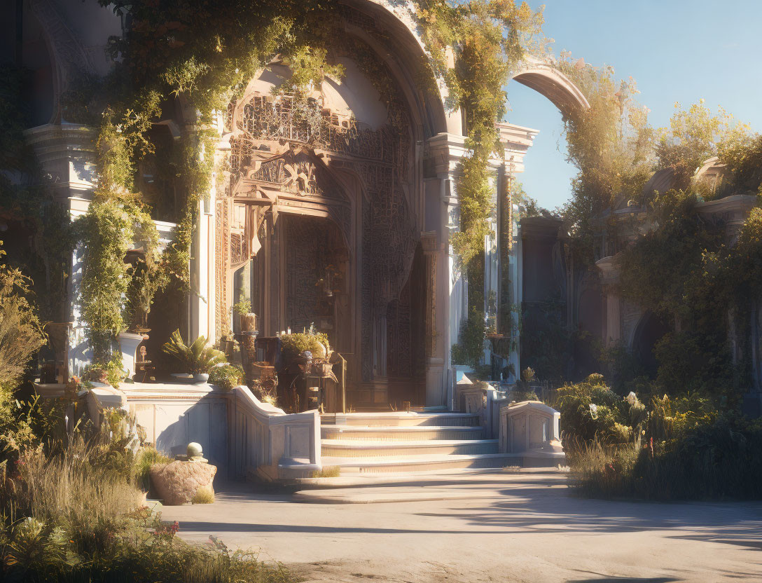 Ancient ruins with overgrown vines and archway in sunlight