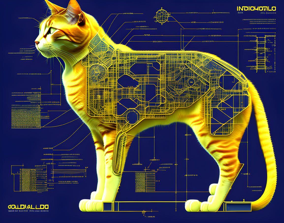 Cat illustration with neon blueprints and circuit designs on dark background.