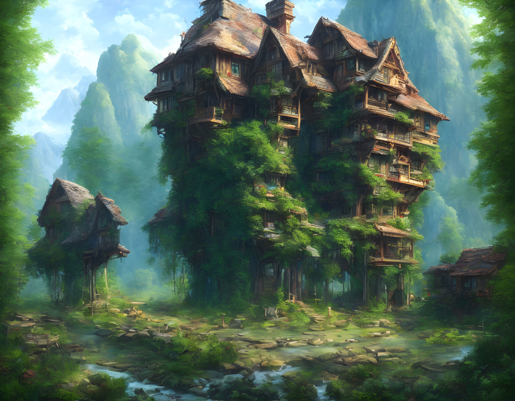 Fantasy woodland scene with tall wooden house, lush trees, stream