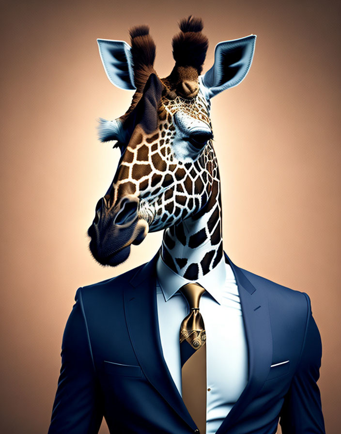 Giraffe head on human body in blue suit on tan background