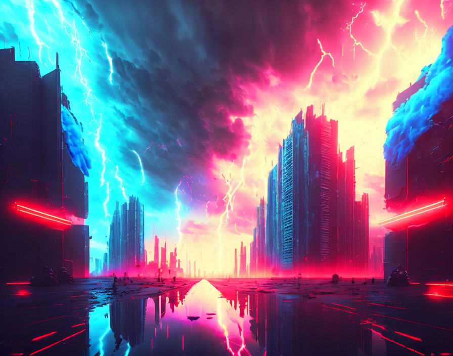 Futuristic cityscape with lightning and neon lights