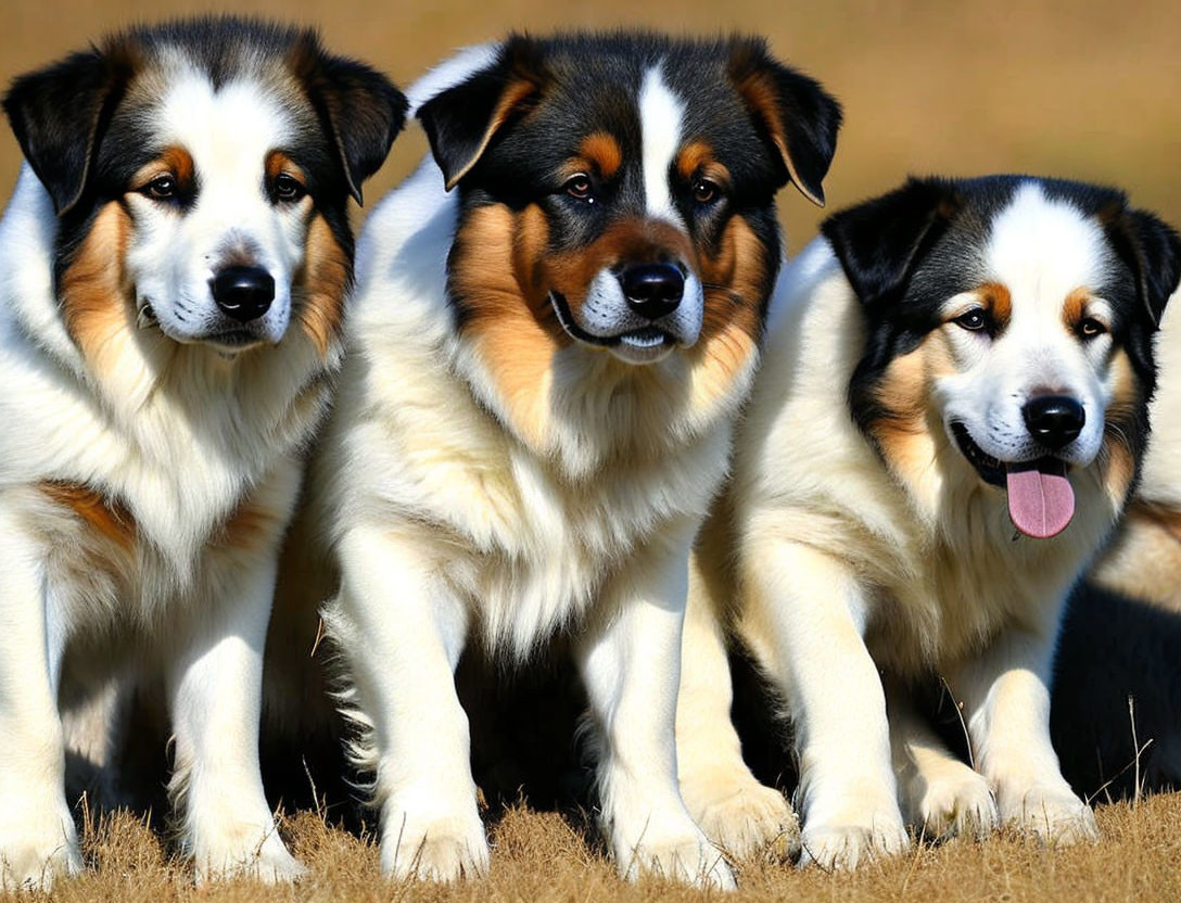 Three Australian Shepherd Dogs Sitting on Grass with Dry Terrain Background