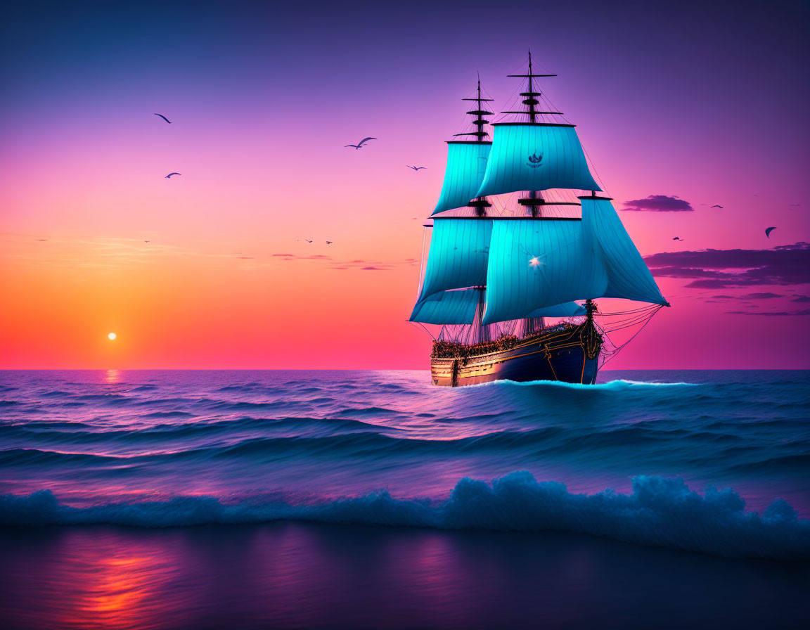 Majestic ship with blue sails on wavy seas at purple sunset