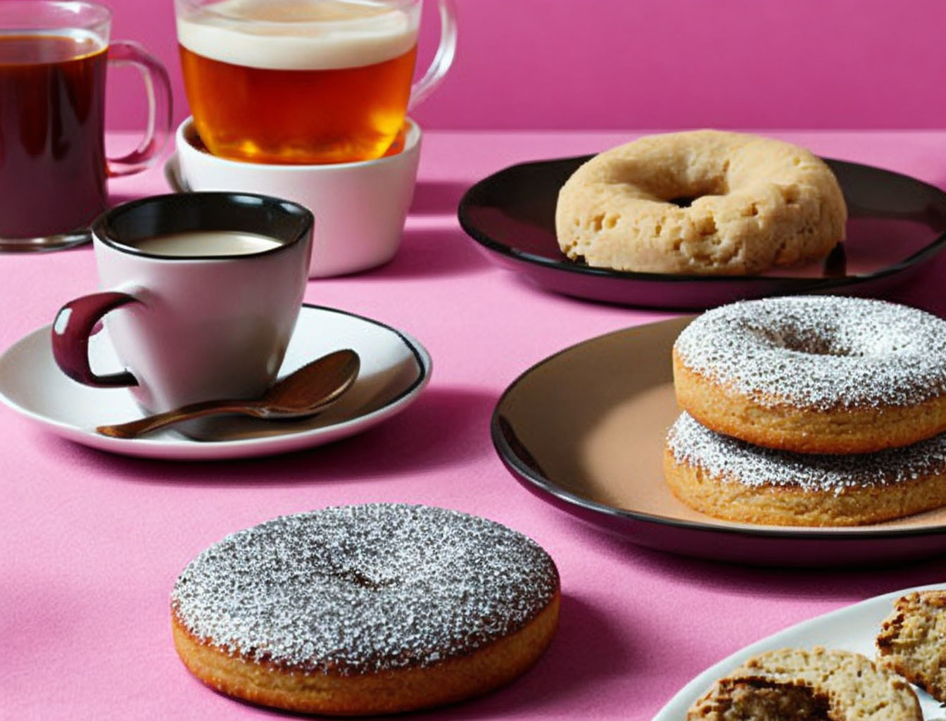 Assorted donuts, coffee cups, and tea on pink background