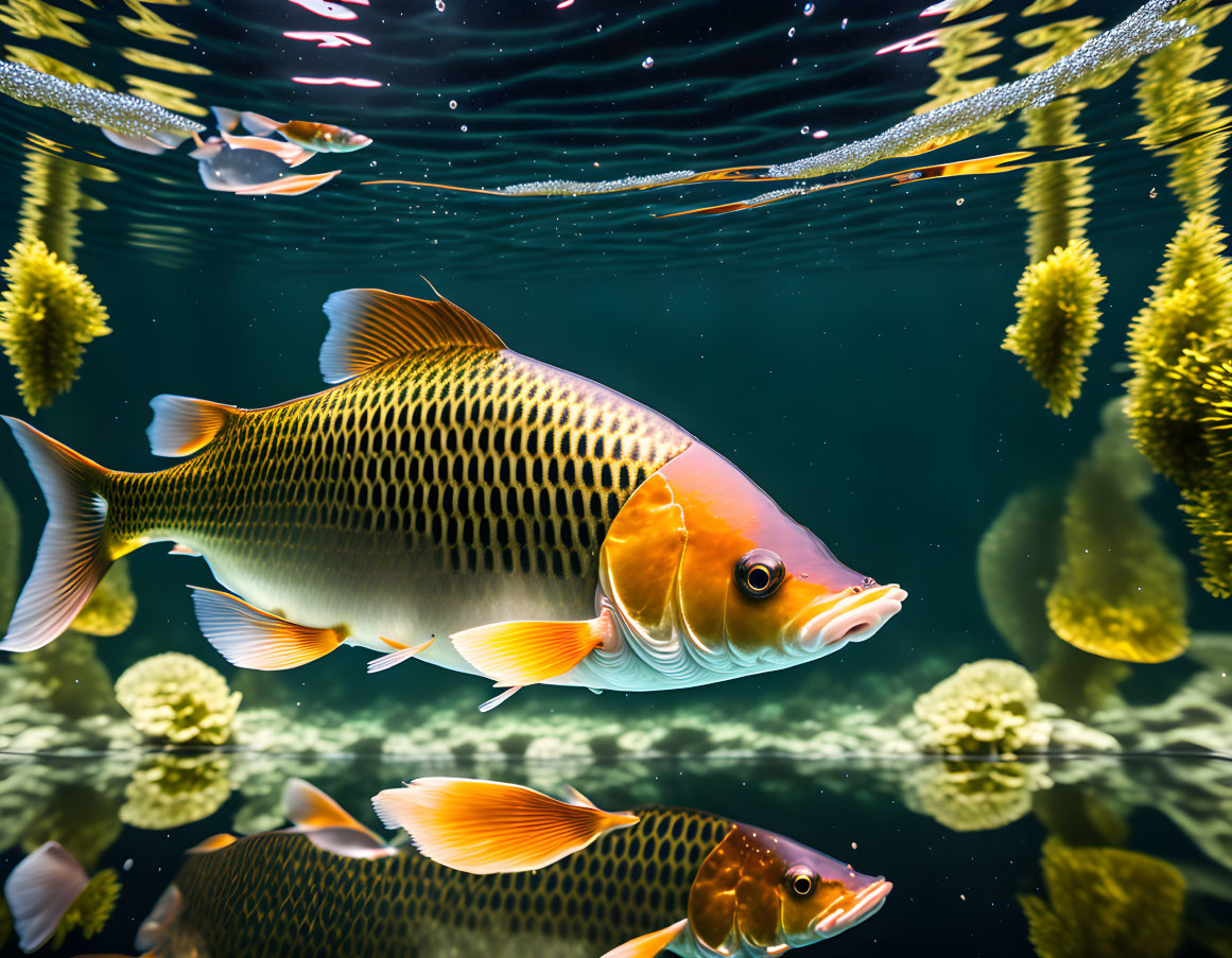 Patterned orange and black fish swimming in green underwater plants