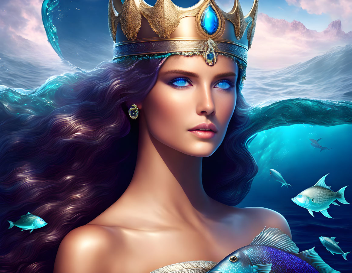 Ethereal woman with blue eyes and crown in underwater scene