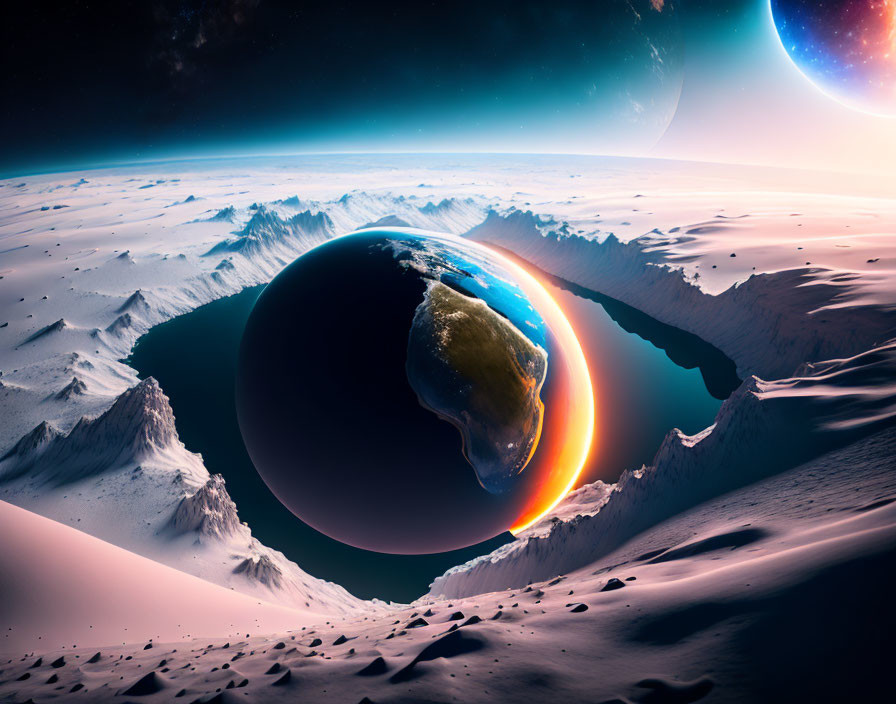 Surreal Earth Rising Over Alien Landscape with Mountains