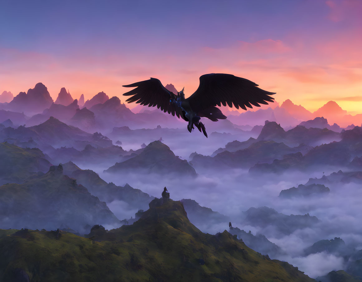 Majestic eagle flying over misty mountains at sunrise