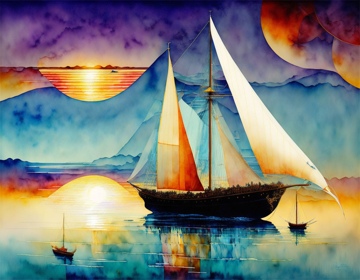 Surreal artwork of sailing ship on calm sea at sunset