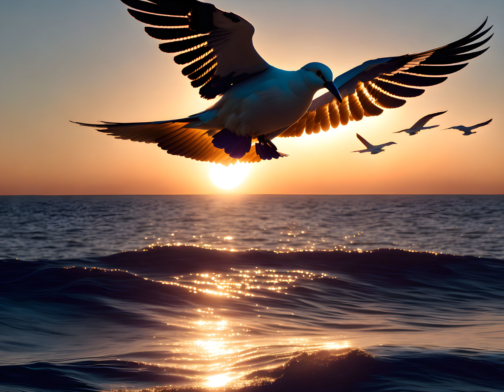 Seagull flying over ocean waves at sunset with sunlight reflection