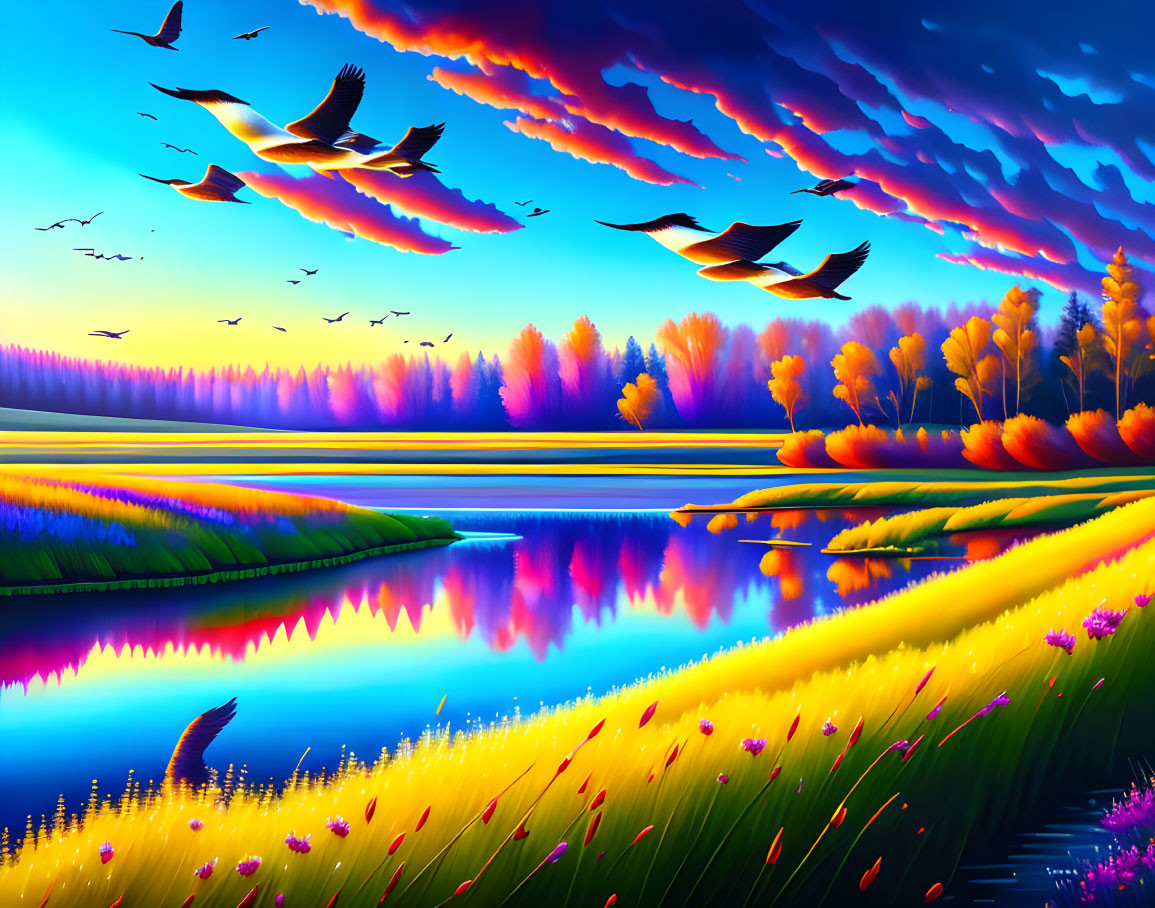 Scenic digital art landscape with fiery sunset clouds, lake reflection, autumn trees, birds, and lush