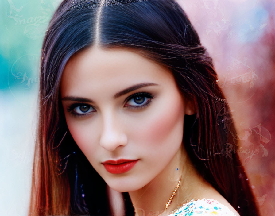 Portrait of woman with blue eyes and dark hair on colorful background