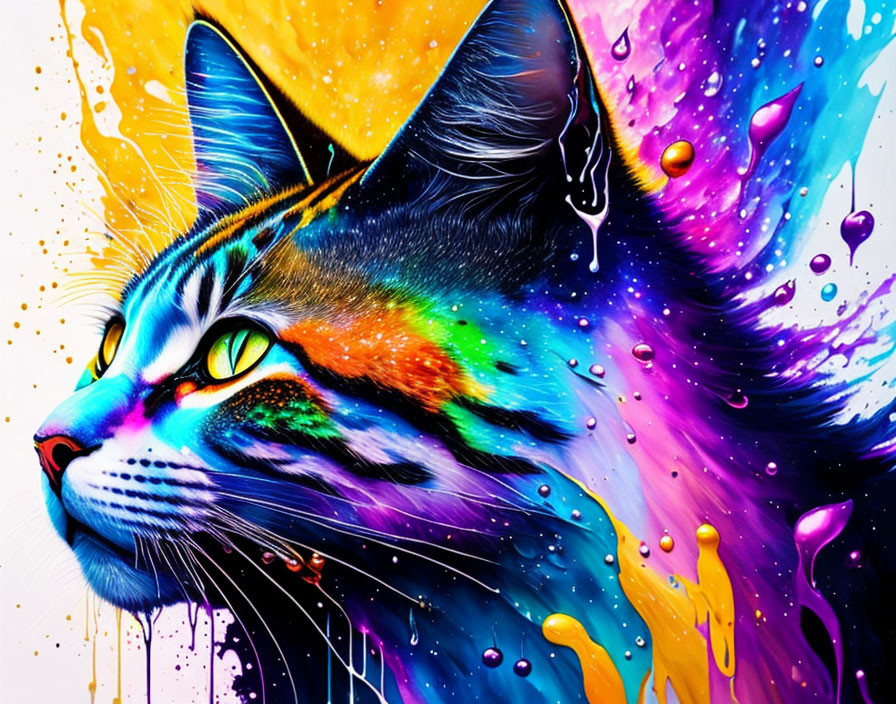 Colorful Cat Face Painting in Yellow, Purple, Pink, and Blue Hues