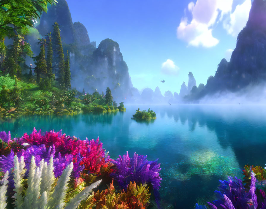 Scenic landscape with clear lake, mountains, colorful flora, and misty sky