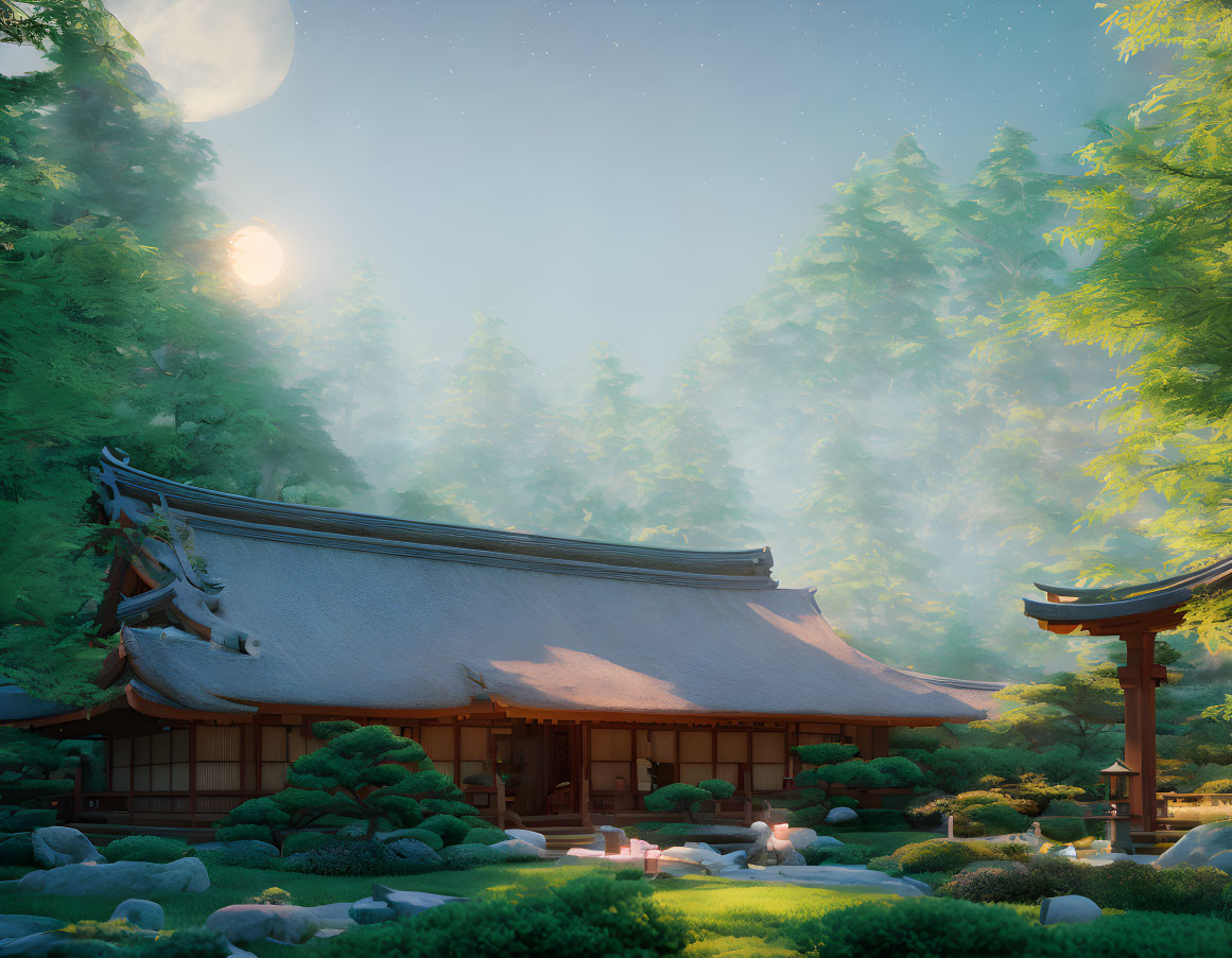 Traditional Japanese building in lush forest with soft sunlight.