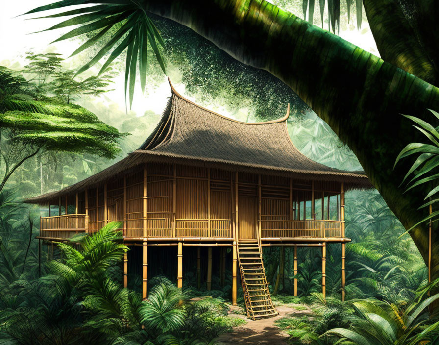 Traditional Asian-style wooden house in lush jungle with curved roof