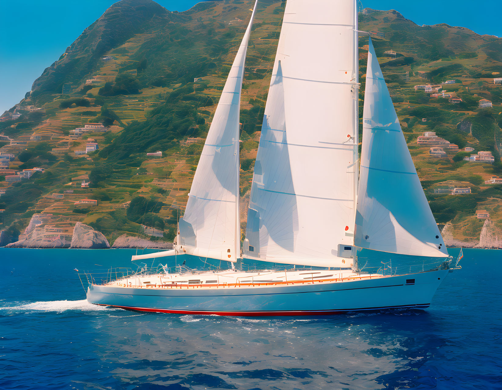 Luxurious White Sailing Yacht Sailing Near Mountainous Coast