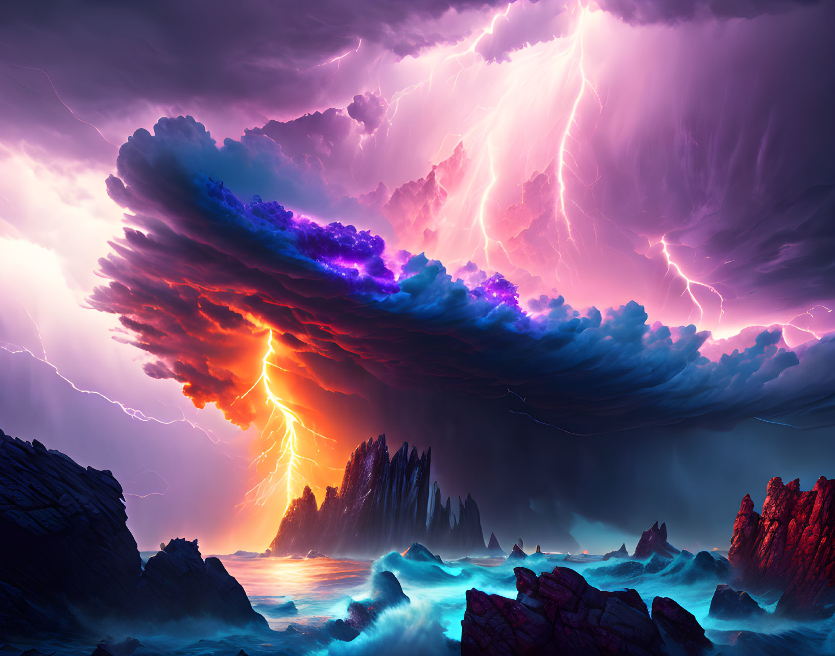 Dramatic seascape with lightning bolts and purple clouds