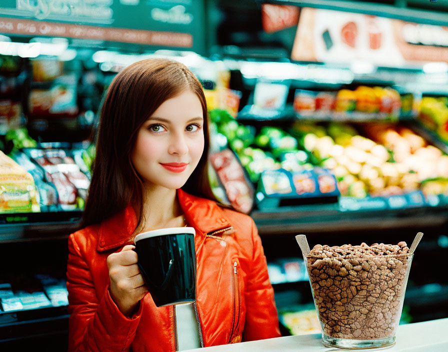 Woman in red leather jacket holding cup with cereal in grocery store