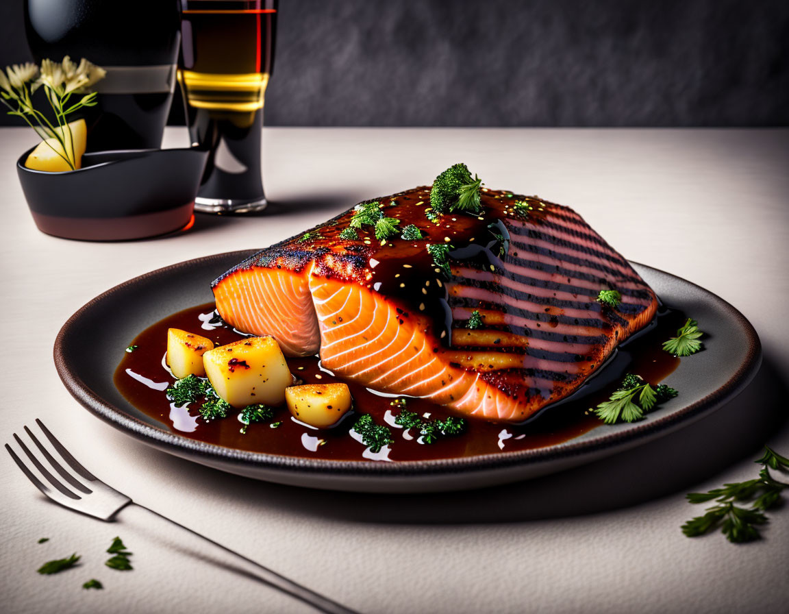 Salmon Fillet with Glaze, Potatoes, Herbs, and Red Wine on Plate