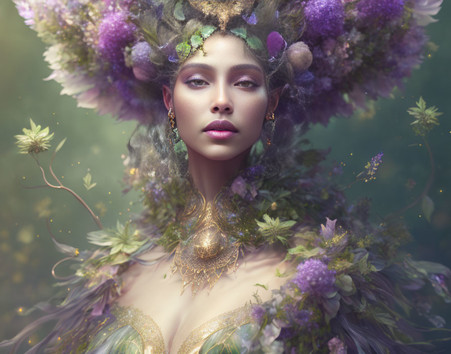 Woman with ornate floral headdress and golden jewelry in mystical greenery.