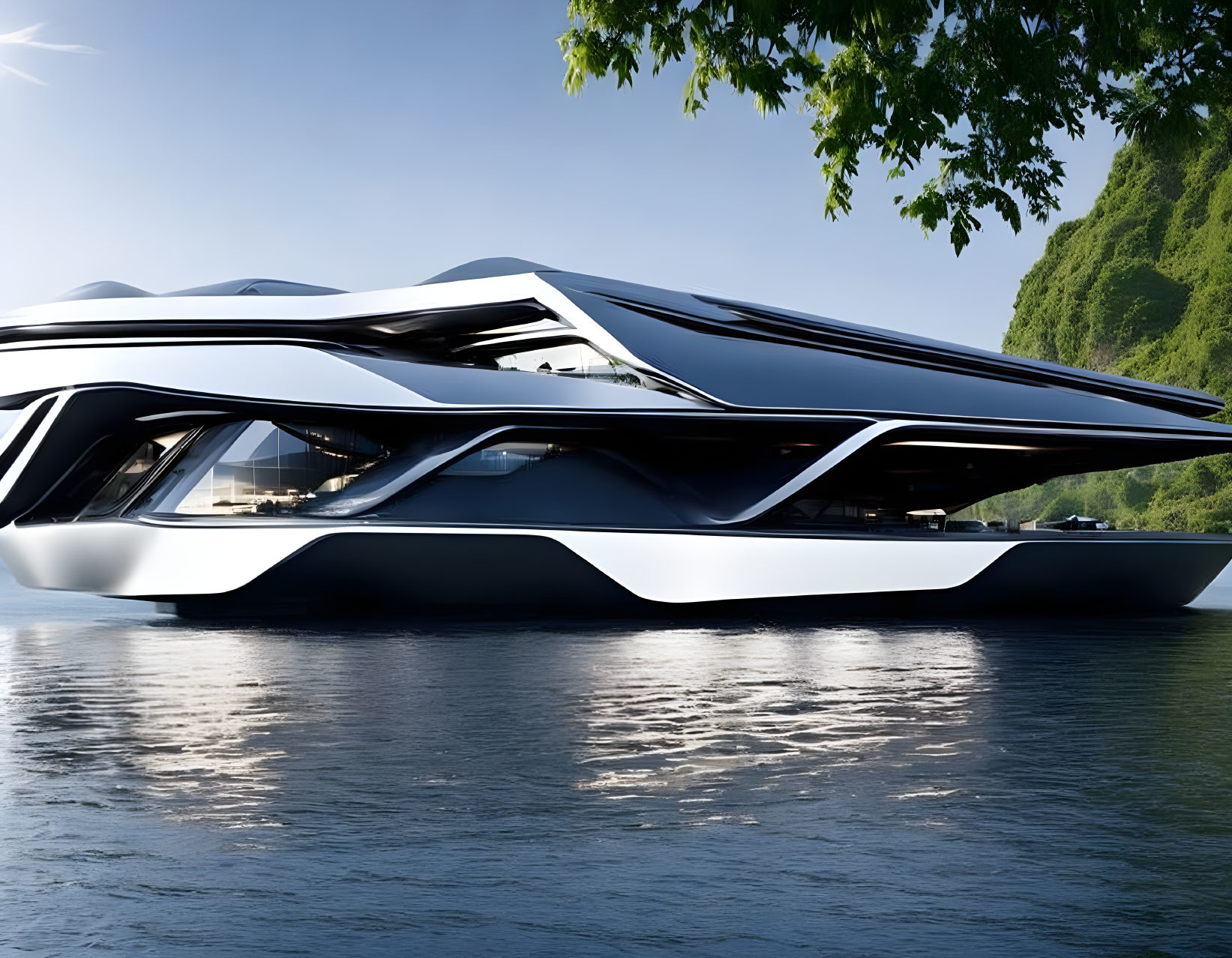 Sleek futuristic yacht design on calm waters near lush hillside