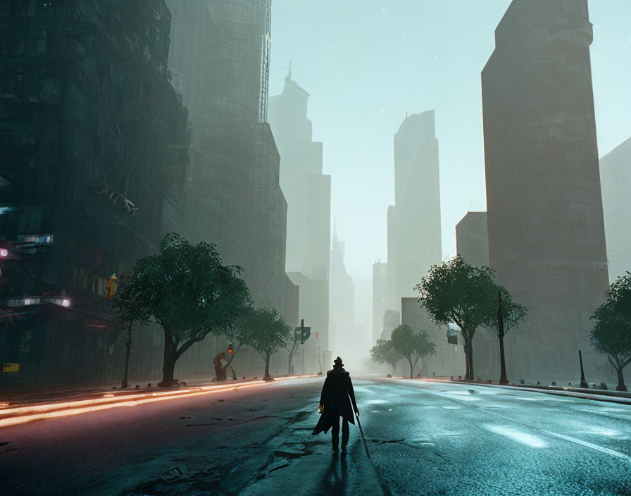 Person in Coat Walking in Foggy Futuristic City at Dawn or Dusk