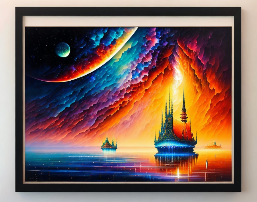 Colorful Painting of Fantastical Landscape with Castle on Water and Moonlit Sky