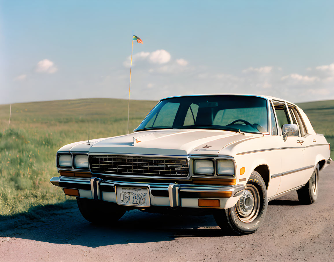 Vintage white and brown car parked in grassy field under clear blue sky.