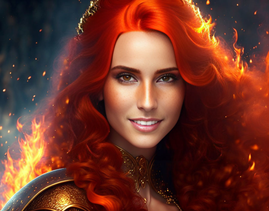 Fiery Red-Haired Woman in Golden Crown Surrounded by Flames