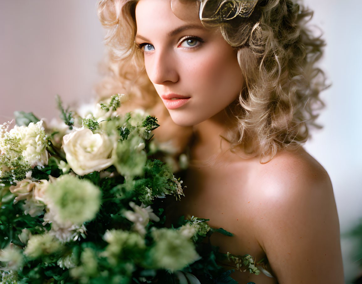 Curly-haired woman with bouquet and flower in hair gazes at camera