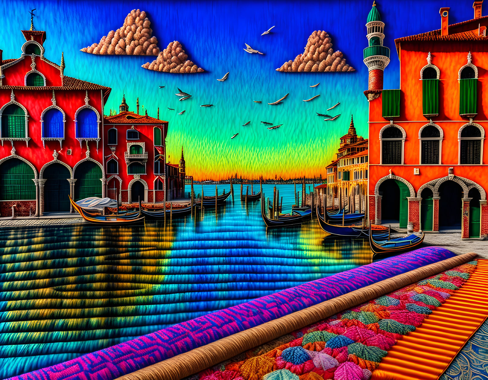 Colorful Venice Scene with Gondolas and Ornate Buildings