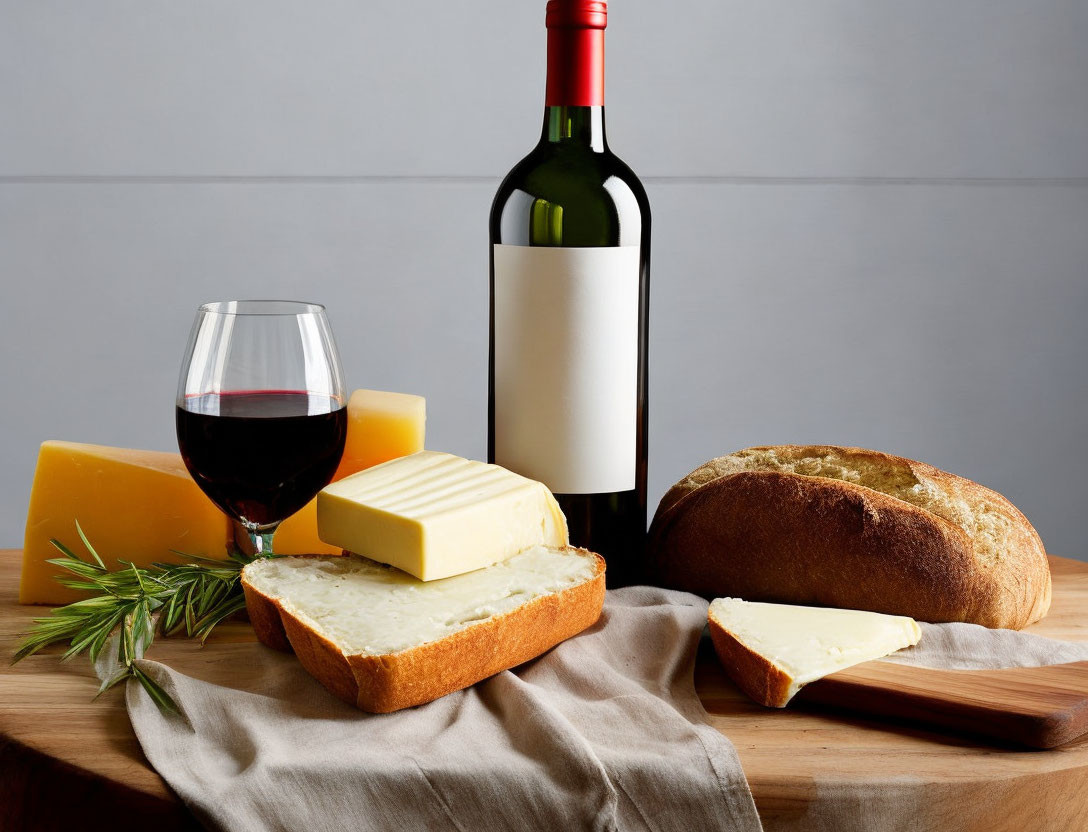 Red Wine Bottle, Wine Glass, Cheeses, Bread, and Rosemary on Wooden Table