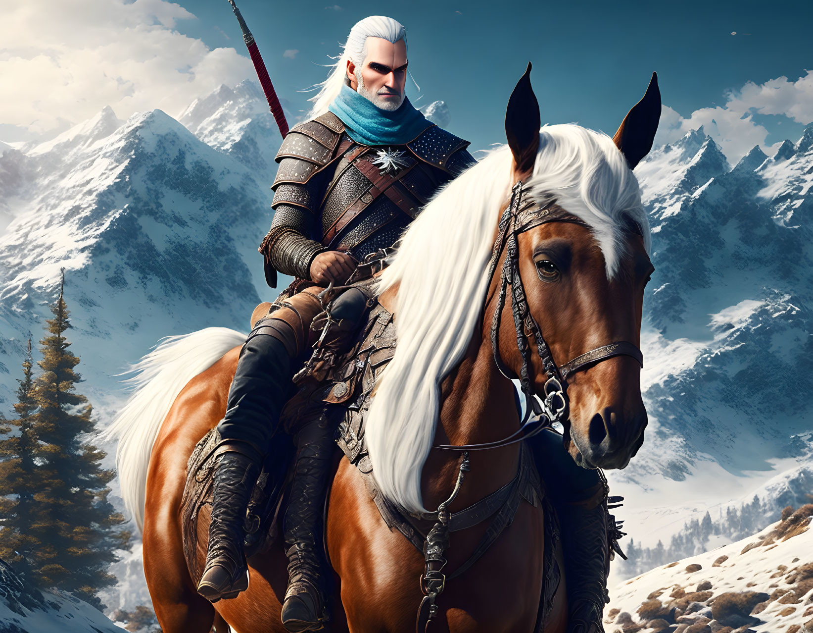 White-Haired Man on Horse with Sword in Snowy Mountain Landscape