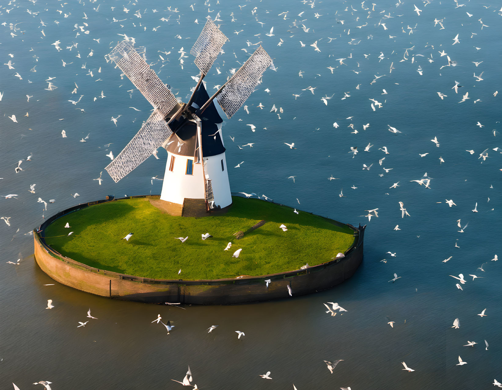 Traditional windmill surrounded by water and birds on grass patch.