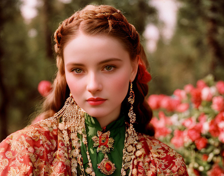 Traditional attire woman with braided hair and earrings in front of blooming flowers