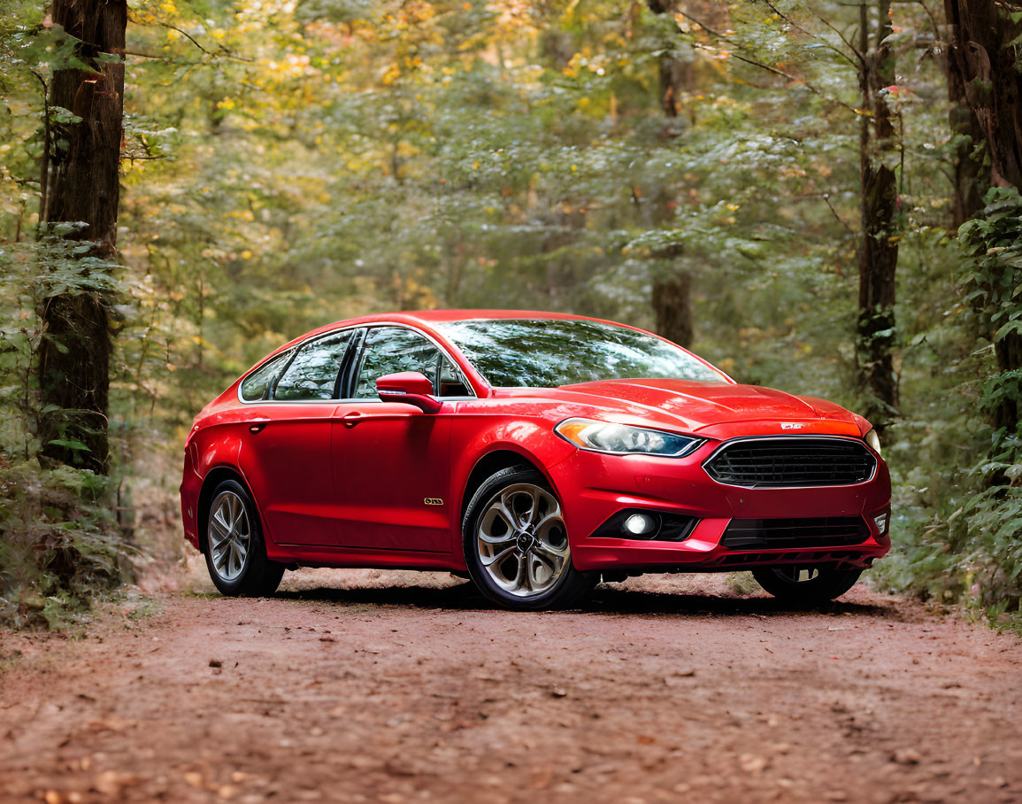 Red Sedan Parked in Autumn Forest Trail