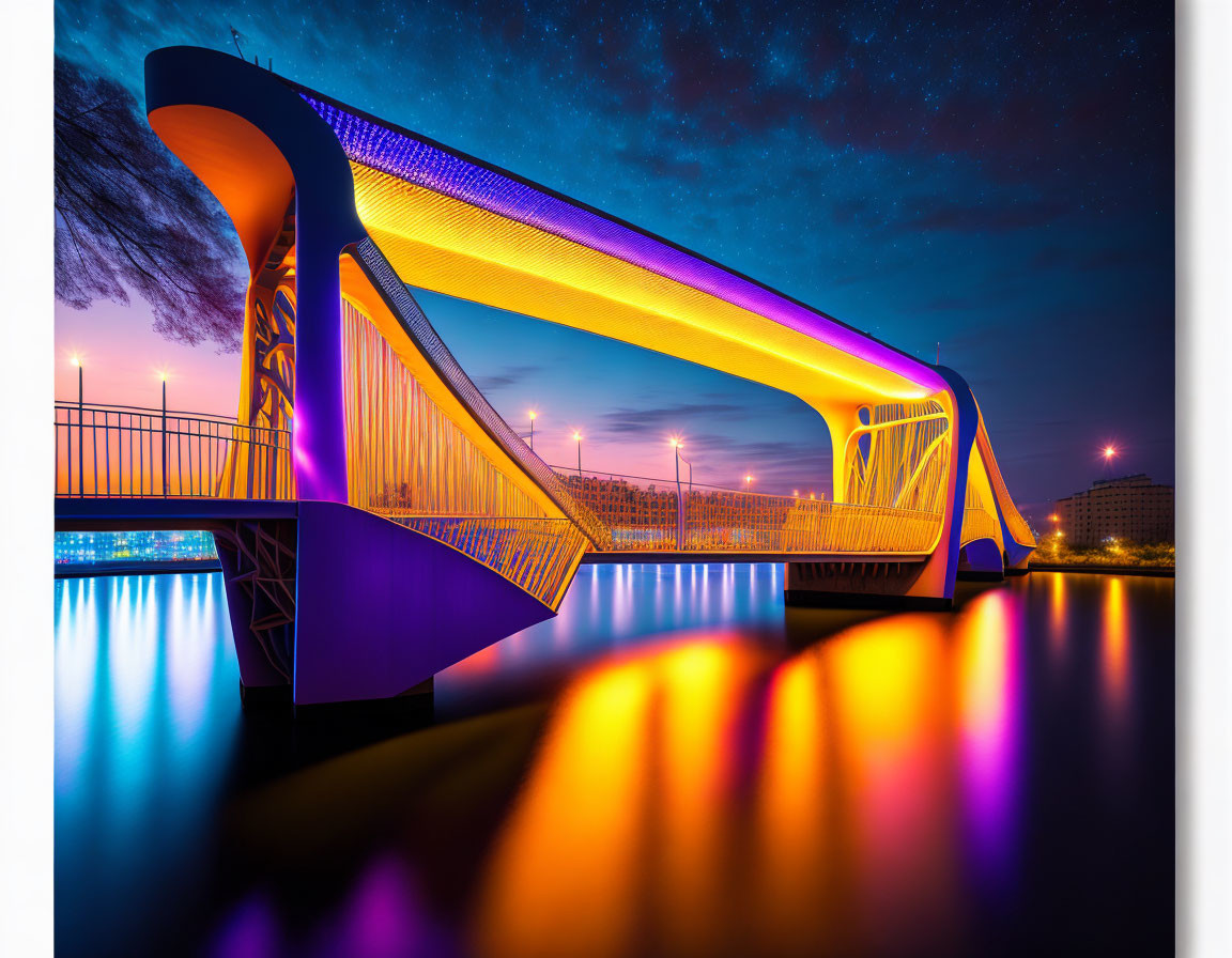 Modern bridge with vibrant yellow and orange lights reflecting on calm water at twilight