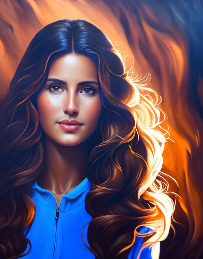 Woman with Long Wavy Hair in Blue Jacket Against Vibrant Flame-Like Background