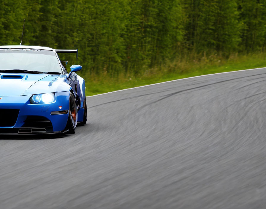 Blue sports car with large rear spoiler racing on track with green trees