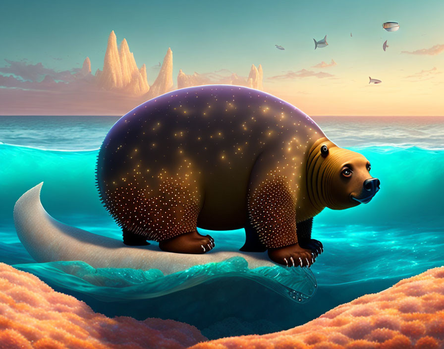 Bear-like head creature on starry night sky body in coral reef with cliffs and flying fish.