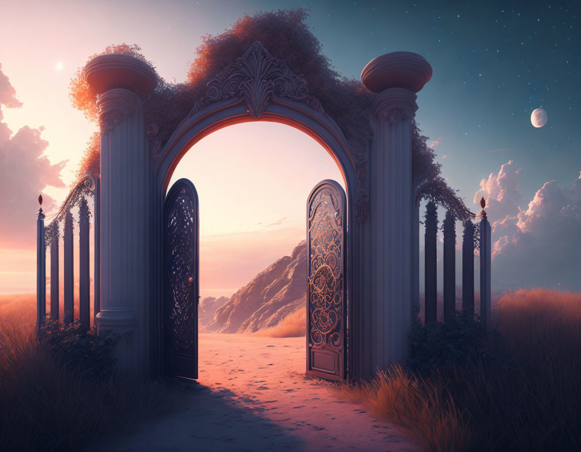 Intricate design open gate with mountains in twilight sky