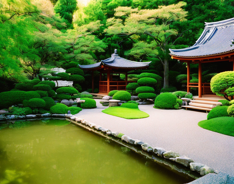 Japanese Garden with Manicured Shrubs, Serene Pond, Raked Gravel, and Wooden