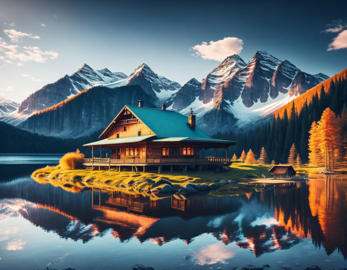 Tranquil Lakeside Cabin Sunset with Snow-Capped Mountains