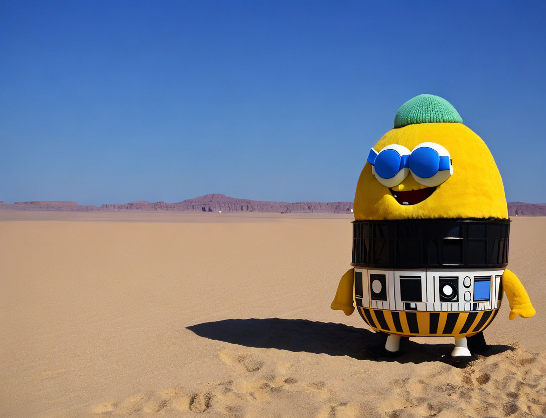 Whimsical character in black-and-white outfit in desert landscape