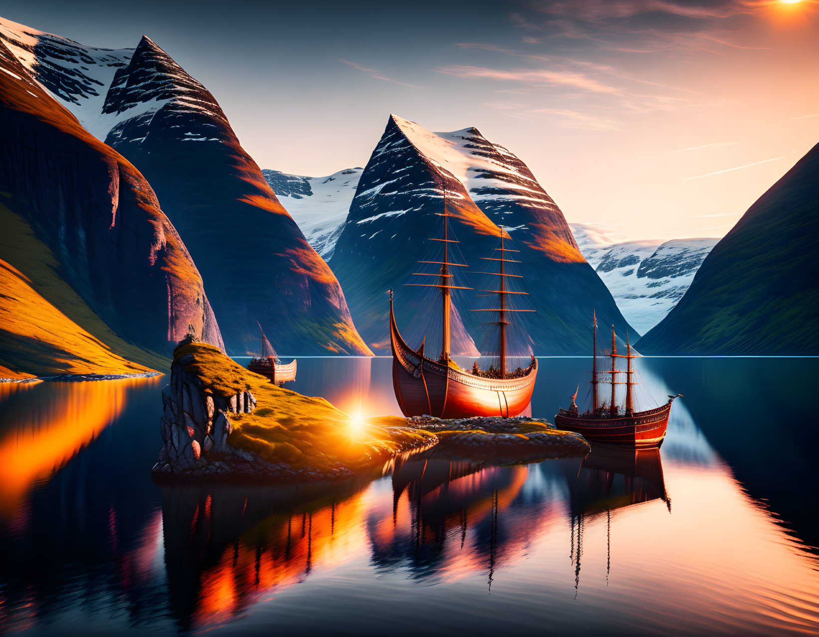 Scenic Viking ships on calm fjord at sunset